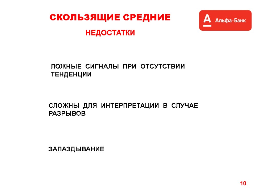 10 НЕДОСТАТКИ СКОЛЬЗЯЩИЕ СРЕДНИЕ ЗАПАЗДЫВАНИЕ ЛОЖНЫЕ СИГНАЛЫ ПРИ ОТСУТСТВИИ ТЕНДЕНЦИИ СЛОЖНЫ ДЛЯ ИНТЕРПРЕТАЦИИ В